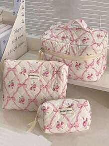 3pcs/1pc Quilted Bow & Rose Design Cosmetic Bag, Fashion Portable Makeup Bag, Multi-Functional Storage Pouch, Cute Large Capacity Toiletry Bag, Travel Organizer, Mini Makeup Brush Holder Handheld Bag, Printed Wash Bag For Lipsticks, Brushes, Skincare Products, Phones, Coins, Small Items, Suitable For Home, Gifts, Holidays And Festival Like Halloween, Christmas