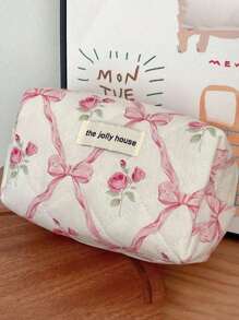 3pcs/1pc Quilted Bow & Rose Design Cosmetic Bag, Fashion Portable Makeup Bag, Multi-Functional Storage Pouch, Cute Large Capacity Toiletry Bag, Travel Organizer, Mini Makeup Brush Holder Handheld Bag, Printed Wash Bag For Lipsticks, Brushes, Skincare Products, Phones, Coins, Small Items, Suitable For Home, Gifts, Holidays And Festival Like Halloween, Christmas