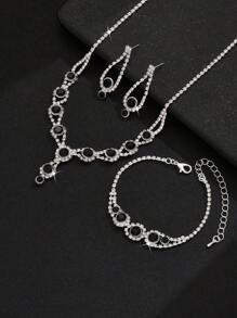 4 件套女士新娘首饰套装 - 项链、耳环、手链、几何图案、优雅、婚礼季节 - 黑色 - 查看 4