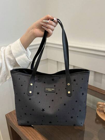 1 件黑色 PU 皮革拉链五角星装饰时尚百搭休闲手提包，适合女性日常使用