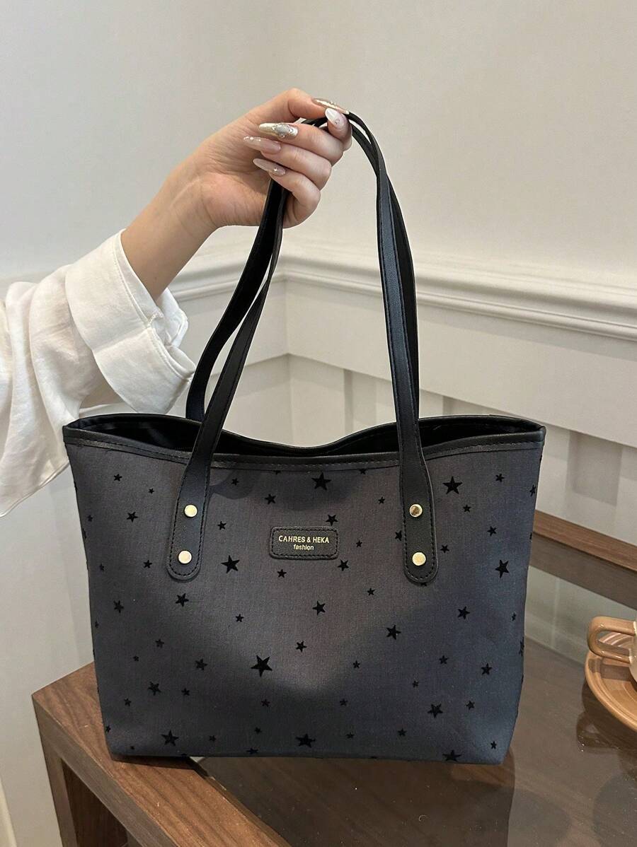 1pc Black PU Leather Zipper Pentagram Decor Fashion Versatile Casual Tote Bag, Suitable For Women Everyday Use - Black - View 1