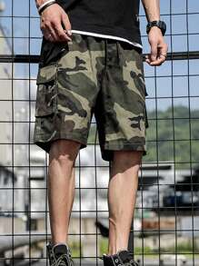 Short cargo décontracté ample pour hommes avec grandes poches, imprimé camouflage respirant pour les sports de plein air, été