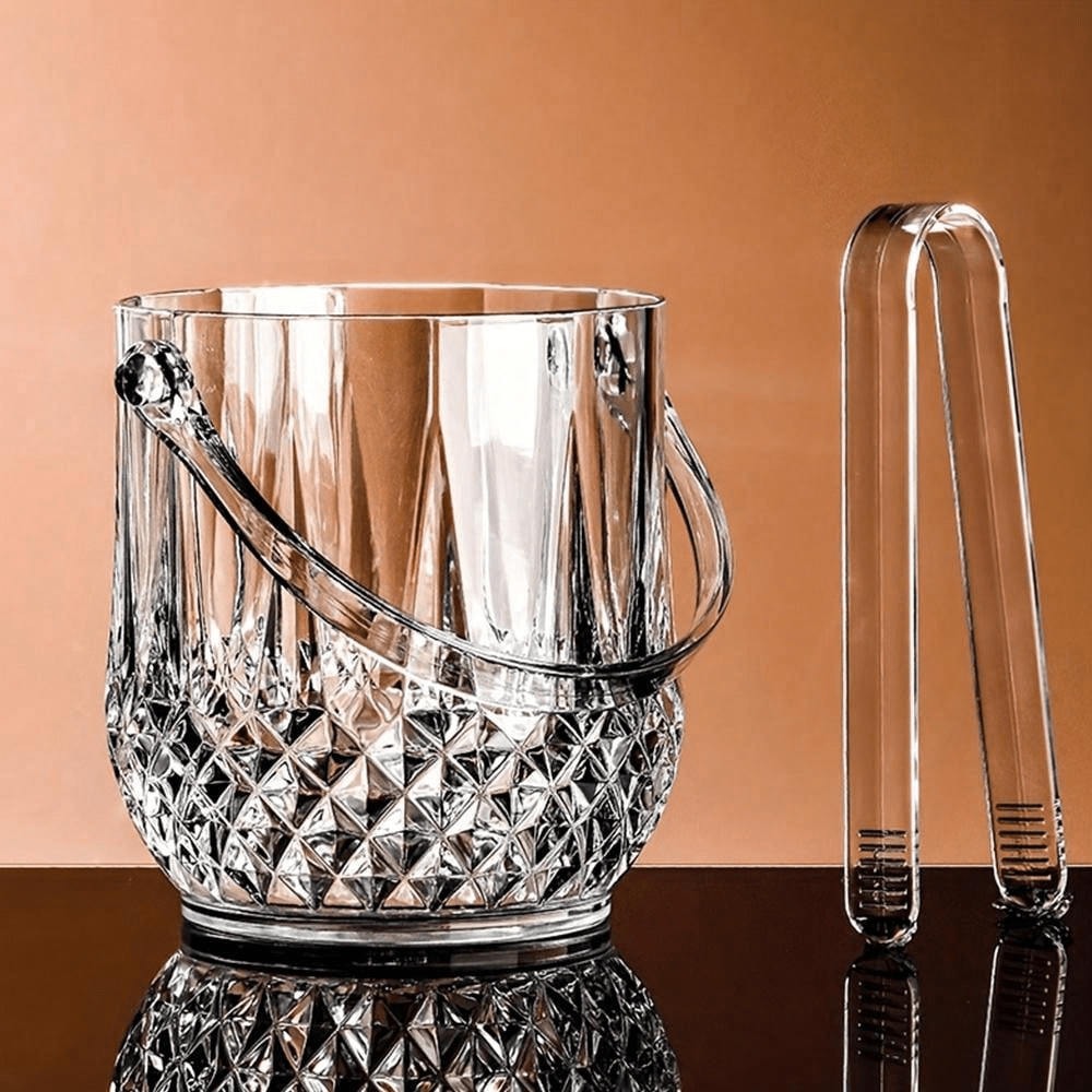 دلو ثلج شفاف أنيق مع مقبض وملقط للخدمة - براد شرب منقول حديث للحفلات والمناسبات، للاستخدام الخارجي والتخييم، هدية مناسبة للأب