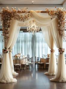 1 pieza Arco de boda romántico color champán con cortina de tul, de material de poliéster, cortina de boda color champán, fondo de boda liso, decoración para fiesta de cumpleaños, ceremonia de boda y recepción, adecuada para bodas y fiestas grandes, telones de fondo de boda, decoraciones para fiestas festivas, decoraciones del Día de San Valentín