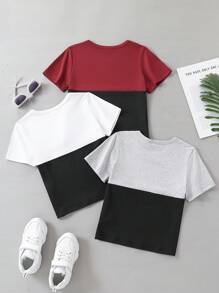 3pcs/Pack Young Boy Casual Slogan Print Colorblock Short Sleeve Crew Neck T-Shirts, Suitable For Sports, Leisure And Daily Outdoor Wear, Summer