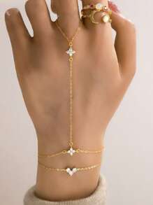 1 pieza Anillo de plata de ley 925 con diamante y doble trébol de cuatro hojas, pulsera chapada en oro, adecuado para uso diario/fiesta/citas de mujeres