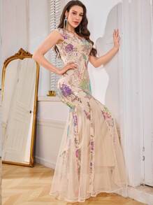 Vestido de fiesta con cuello en V sexy y elegante, cintura ajustada, bajo de cola de sirena con volantes de malla, con aplicaciones bordadas y con relleno en el busto. Vestido para invitada de boda, vestido formal, vestido de noche, vestido de gala
