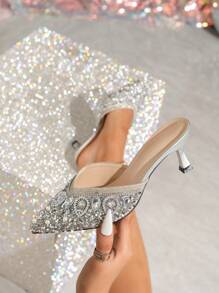 Women's Elegant And Noble High Heel Shoes, Noble High Heel Slippers, Sexy Gemstone And Sparkling Handmade Diamonds Lightweight And Comfortable For Daily Wear, Solid Color High Heels For All Seasons
