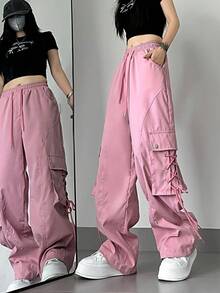 Women's Loose Fit Solid Color Cargo Pants With Tie Details