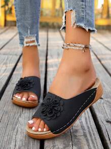 2025 Summer New Thick Bottom Wedge Women Sandals, Fashion Versatile Casual High Heel Women Sandals, Open Toe Women Sandals, Buckle Decor Women Sandals, Elegant Women Sandals - Black - View 3