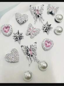 16pcs/Set Rhinestone Chain, Pink Crystal Heart, Butterfly, Pearl, 7-Pointed Star Resin Fashion Simple Ins Style DIY Shoe Decorations