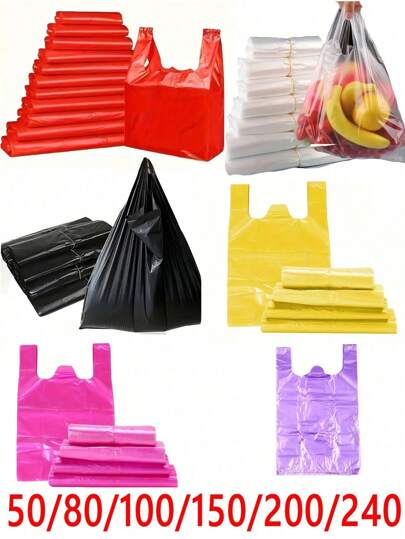 50 piezas Bolsas de plástico para camisetas con asas, bolsas de compras de polietileno para comestibles, verduras, frutas, aperitivos - Convenientes y adecuadas para supermercados, restaurantes, tiendas minoristas y organización del hogar