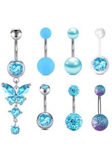 1 Set (7pcs) White Stone Butterfly Zirconia Navel Rings, Women Belly Button Piercing Crystal Navel Studs Body Jewelry Set