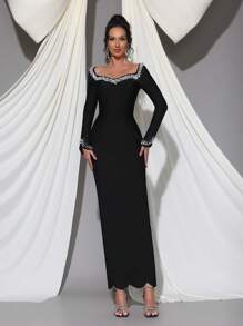 Modphy Black Long Sleeve Luxury Handmade Pearl Embellished Bodycon Bandage Dress, Elegant Bridesmaid Dress For Formal Wedding, Party, And Banquet,Gown,Evening,Wedding Guest