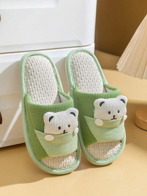 Women's Flat Cartoon Open Toe Slippers, Indoor Anti-Slip Silent Couples Slippers