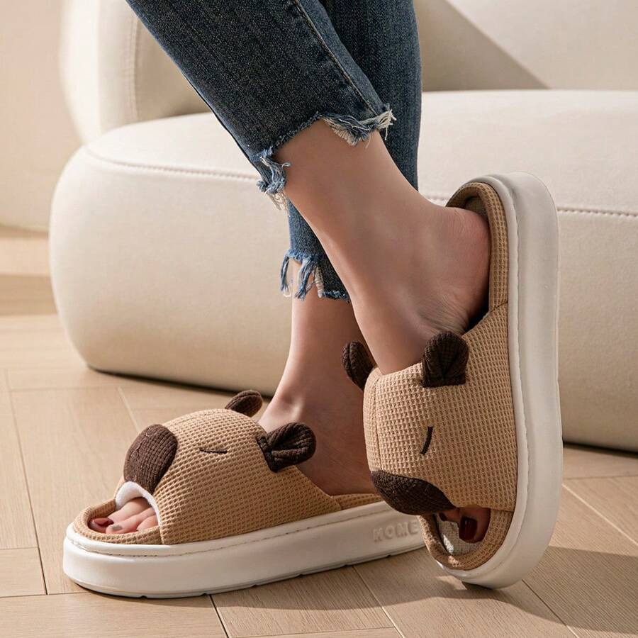 Neue cartoon-artige Pantoffeln mit dicker Sohle, offener Zehenpartie, atmungsaktiv, schweißabsorbierend, rutschfest, verschleißfest, leise, leicht, faltbar, einfach zu verstauen mit Einknopfverschluss, geeignet für Urlaub, Schlafzimmer, Wohnzimmer, Hotel, Küche, Wohnheim, Unisex, für alle Jahreszeiten - Khaki - Übersicht 1