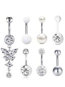 1 Set (7pcs) White Stone Butterfly Zirconia Navel Rings, Women Belly Button Piercing Crystal Navel Studs Body Jewelry Set