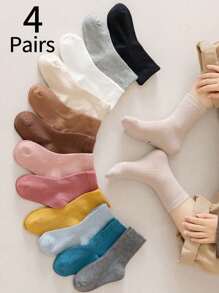 4 đôi tất trẻ em, tất cổ cao sọc dọc trơn đi học cho bé trai và bé gái, tất thể thao thường ngày cho mọi mùa - Nhiều màu - Xem 1