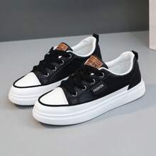 Women's Solid Color Casual Sneakers, Lace-Up Leather Upper, Soft Sole, Comfortable & Versatile - Black - View 1