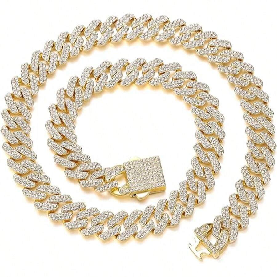 12mm Cuban Link Chain Mens Ice Out Miami Cuban Necklace Silver/Gold Bling Diamond Hip Hop Jewelry For Women - Vàng - Xem 1