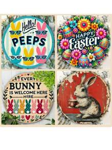 Cartel de bienvenida de madera con huevos y conejito de Pascua - Decoración colgante redonda hecha a mano para fiesta de primavera, decoración de puerta principal de estilo granja