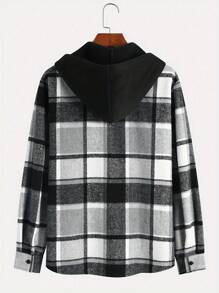 Men Plaid Color Block Drawstring Hooded Design Casual College Style 2 In 1 Streetwear Hooded Jacket, Fashionable For Daily, Spring & Autumn - Black - View 2