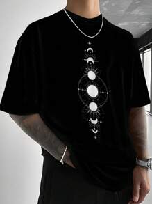 男士复古图案圆领短袖 T 恤，休闲夏季 T 恤 - 黑色 - 查看 3