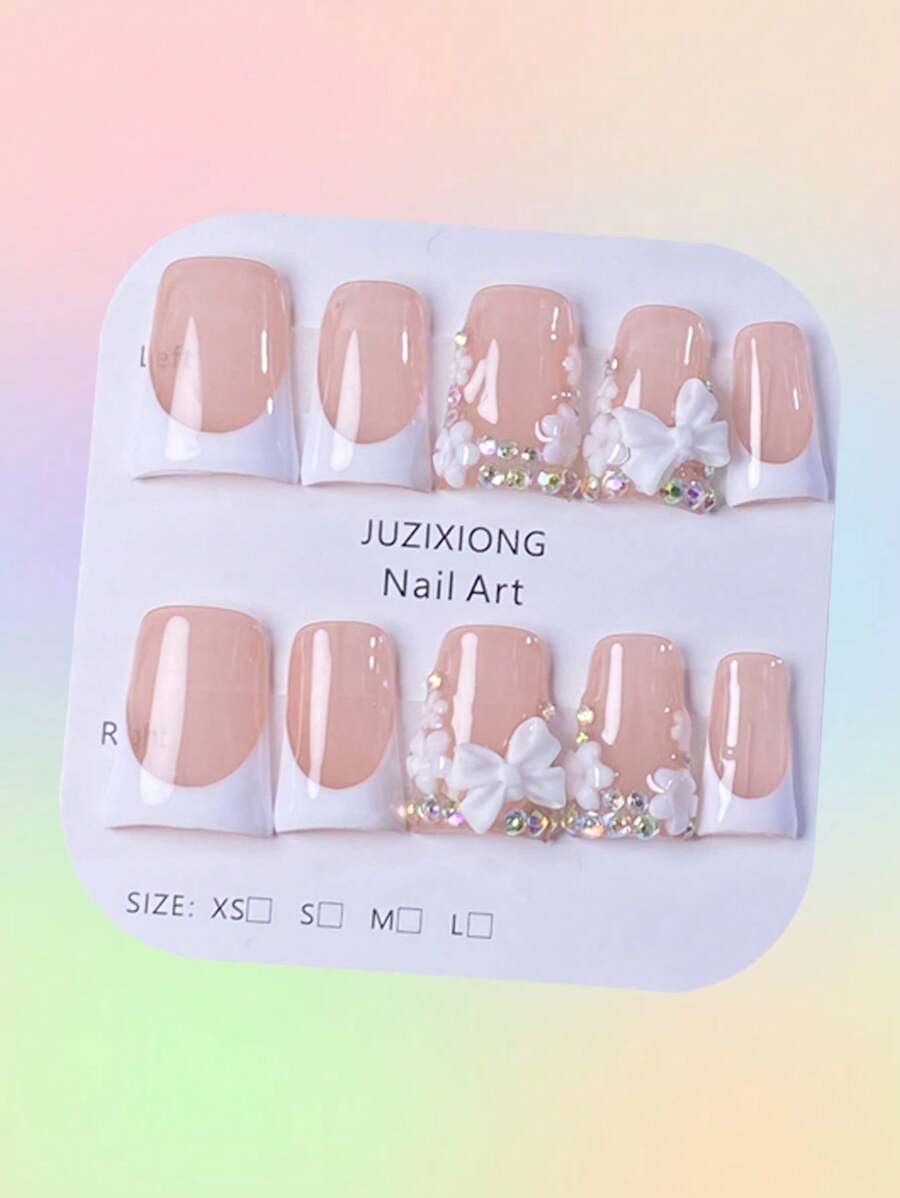10 件手工制作短法式美甲蝴蝶结指甲贴，简约时尚按压式指甲
