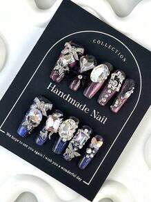 10 stuks handgemaakte lange doodskistnagels, azuurblauwe violette holografische strass-bling elegant en schattig ontwerp, geschikt voor meisjes en dames, geweldig voor Y2K, Instagrammable en glamoureuze slijtage op nagels