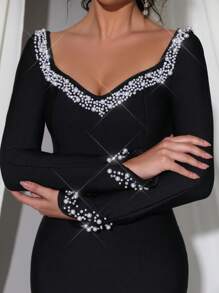 Modphy Black Long Sleeve Luxury Handmade Pearl Embellished Bodycon Bandage Dress, Elegant Bridesmaid Dress For Formal Wedding, Party, And Banquet,Gown,Evening,Wedding Guest