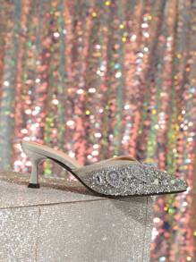 Women's Elegant And Noble High Heel Shoes, Noble High Heel Slippers, Sexy Gemstone And Sparkling Handmade Diamonds Lightweight And Comfortable For Daily Wear, Solid Color High Heels For All Seasons