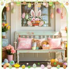 Coronas de Pascua para la puerta principal, colgador de puerta de conejito de Pascua, letrero de madera colgante para la puerta de 11.8 X 11.8 pulgadas, corona de bienvenida de conejo, letrero floral de Pascua para pared, porche, exterior, estilo rústico, decoraciones y regalos de Pascua para interiores