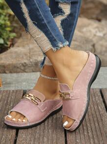 Plus Size 36-45 Summer Fashion Casual Gold Metal Buckle Wedge Sandals, Lightweight Comfortable Orange Roman Slippers Suitable For Outdoor Daily Wear, Women's Platform Thick Sole Sandals