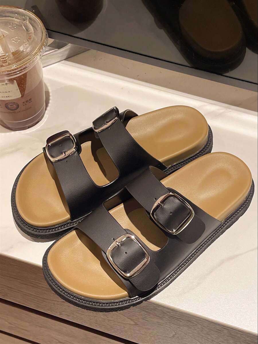 2025 夏季女士休闲皮革扣环一脚蹬凉鞋，复古简约沙滩拖鞋，时尚低跟户外凉鞋 - 黑色 - 查看 1