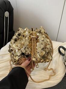 1个链条抽绳封口PVC亮片闪亮金属仿珍珠装饰彩色女士水桶包单肩斜挎手拿包，时尚礼物，适合女士派对晚装，完美搭配女士舞会礼服、舞会配饰、亮片连衣裙、闪亮连衣裙、优雅连衣裙、优雅舞会包，完美搭配伴娘礼服、仿珍珠包 - 金色 - 查看 3