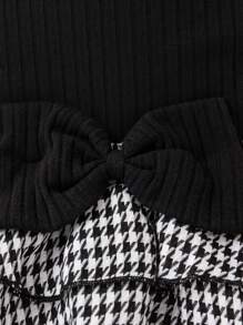 Baby Girls Cute Sleeveless Black Crop Top & Houndstooth Bow Ruffle Hem Romper & Headband Summer Outfit Set