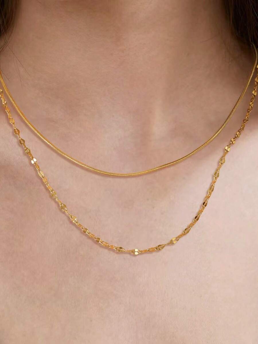 1pc Minimalist Stainless Steel Round Snake Chain Lip Chain Double Layer Necklace, Chic & Versatile For Daily Wear - Double Layer Necklace - View 1