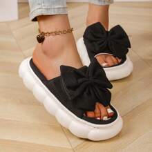 1 Pair Cute Solid Color Bow Cloth Lady House Slippers, Thick Anti-Slip Soft EVA Sole, Breathable Comfort Vamp, Suitable For All Seasons