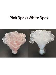 6 pièces/set Bouquet de fleurs en chiffon de style vague coréen, artisanat de fleurs roses pour l'emballage-cadeau, convient pour la décoration de fleuriste, les faveurs de mariage, les cadeaux d'anniversaire - chiffon, volants, perles, rose, blanc
