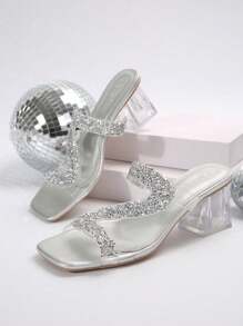 Plus Size Women Rhinestone Decoration Open Toe Comfortable Leather Transparent Thick Heel Slides Sandals, Casual Fashion Summer Beach Slippers - Silver - View 5