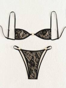 Set di bikini da donna in materiale di pizzo, con laccetti regolabili, fiocco e decorazione con perle, adatto per l estate in spiaggia e vacanze