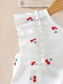 Set 2 bucăți pentru fetiță, vară, alb, cireș, imprimeu, set de tricou și pantaloni scurți fără mâneci, costum pentru călătorii de vacanță primăvara și vara