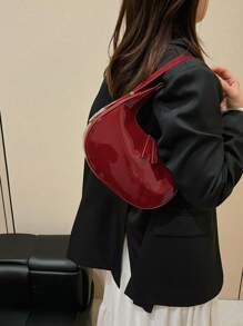 全新迷你漆皮可调节肩带单肩包腋下月牙包百搭时尚女包休闲包圣诞礼物派对前卫简约 - 酒紅色 - 查看 2