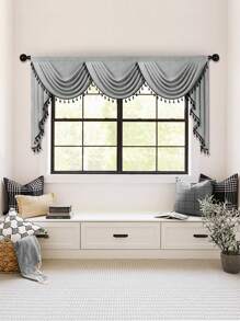 1pc Grey Fringed Curtain, Modern Business Style Imitation Linen Material Short Valance, Suitable For Living Room, Bedroom, Kitchen Window And Door Decoration