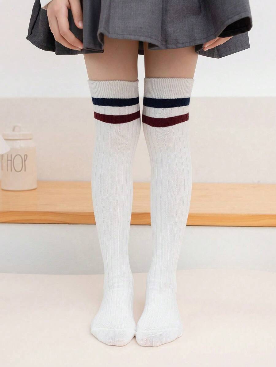 1 par de medias altas para niñas, medias largas de deporte de uniforme escolar negro para estudiantes - Blanco - Ver 1