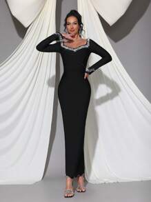 Modphy Black Long Sleeve Luxury Handmade Pearl Embellished Bodycon Bandage Dress, Elegant Bridesmaid Dress For Formal Wedding, Party, And Banquet,Gown,Evening,Wedding Guest