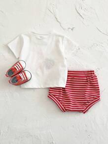 2 Stücke/Set Baby Mädchen rosa Erdbeere Stickerei Buchstaben Muster Kurzarm T-Shirt + Shorts, Sommer - Rot - Übersicht 9