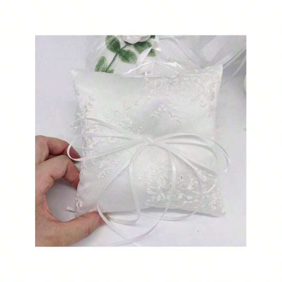 1pc Lace Square Ring Pillow, White Wedding Ring Pillow With Simple Bow Decor, Suitable For Ceremony, Wedding, Party, Christmas