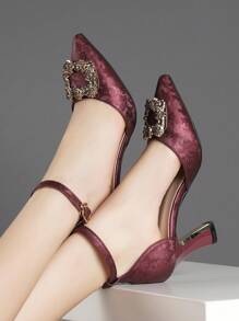Women's High Heel Square Toe Pumps, Chunky Heel Peep Toe, Rhinestone Decor