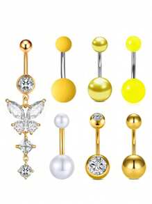 1 Set (7pcs) White Stone Butterfly Zirconia Navel Rings, Women Belly Button Piercing Crystal Navel Studs Body Jewelry Set